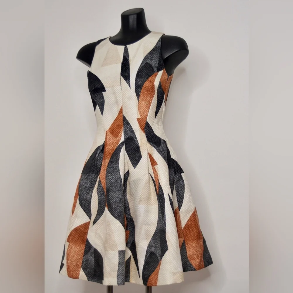 H&M Geometric Print Black, White Brown Dress Size 8 - Picture 2 of 5